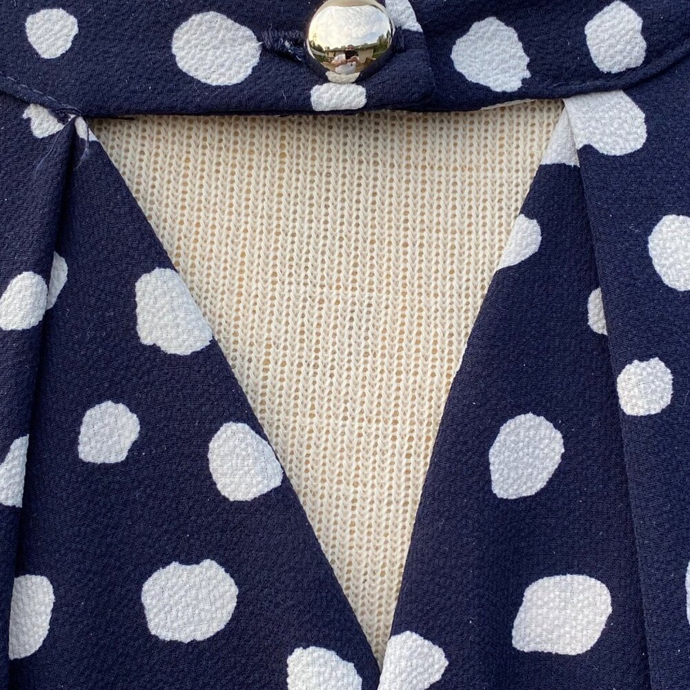 Navy Blue Polka Dots Mini Dress Tunic Top Women Size M  Bell Long Sleeve Cut Out - Picture 6 of 15